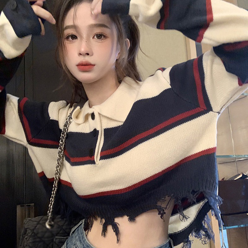 Áo Croptop Dệt Kim Tay Dài Kẻ Sọc Phối Tua Rua Thời Trang Vintage Hàn Quốc Cho Nữ