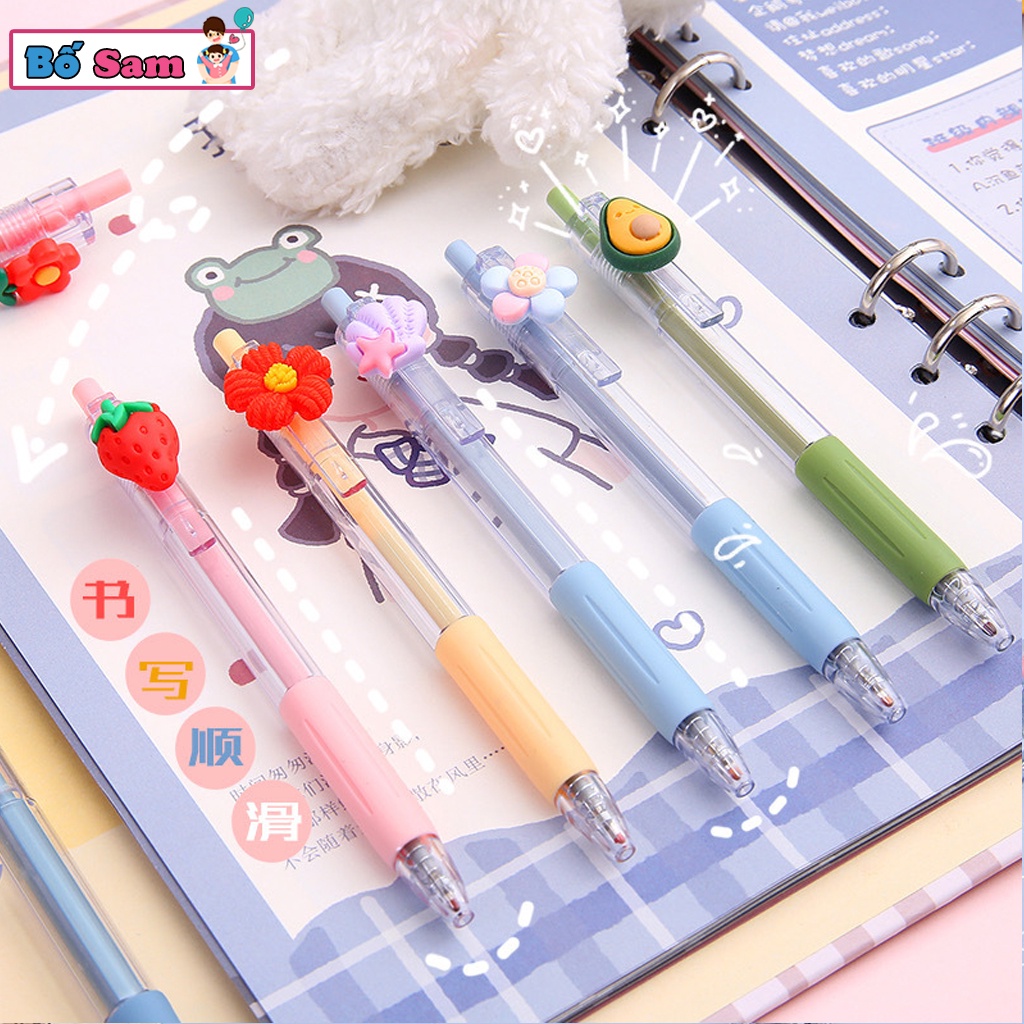 Bút bi nước cute mực đen ngòi 0.5mm, vỏ bút trong suốt gắn hoa quả dễ thương Shop Bố Sam
