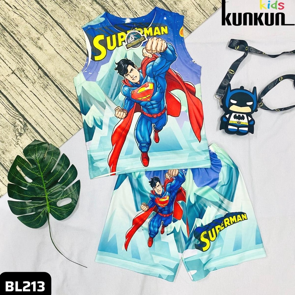 Quần áo trẻ em siêu nhân superman chất thun lạnh KunKun Kid BL213 - Bộ ba lỗ bé trai size đại từ 10-60kg cao cấp
