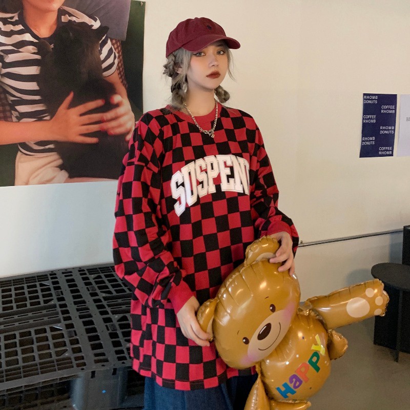 Áo thun tay dài dáng rộng họa tiết kẻ sọc phong cách Harajuku sành điệu cho nữ | BigBuy360 - bigbuy360.vn