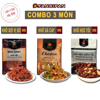 Đồ Ăn Vặt 3 Loại Bò Sợi Gà Khô Lá Chanh Heo Cháy Tỏi Fansipan 50gram