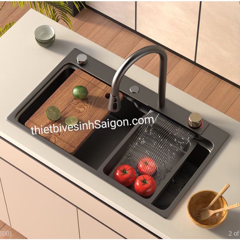 Chậu, Bồn rửa chén bát 1 ngăn, hố lớn Inox SUS 304 Nano liền vòi Thác ngang, Korea Hàn Quốc tại Tphcm,Hà Nội