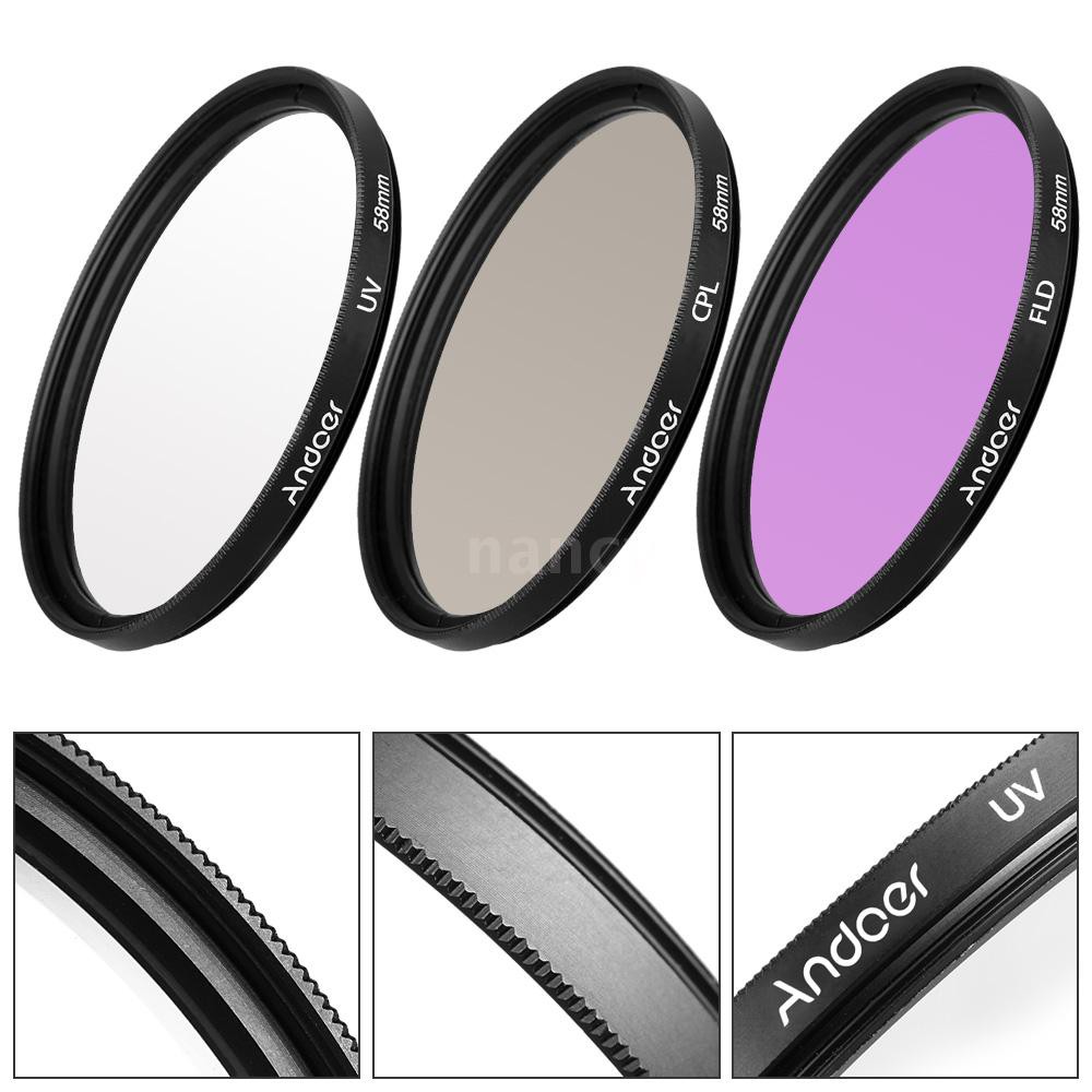 Ống kính lọc 58mm (UV+CPL+FLD) đi kèm túi nylon nắp lens mũ che ống kính chuyên dụng