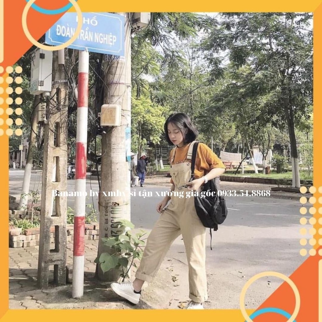 Quần yếm kaki Banamo fashion ống rộng dáng dài phối túi ngực màu be phong cách hàn quốc quần yếm kaki 565