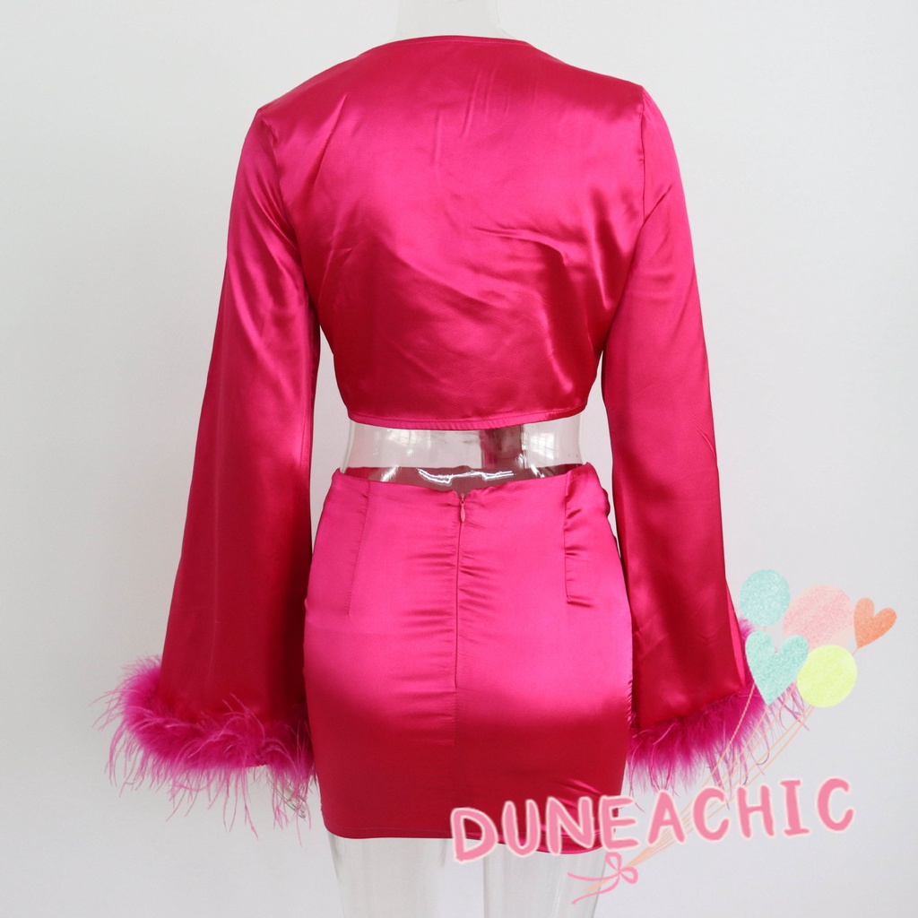 DUNEA Áo cổ chữ V phối lông vũ/ Chân váy/ Quần dài xẻ tà thời trang quyến rũ dành cho nữ