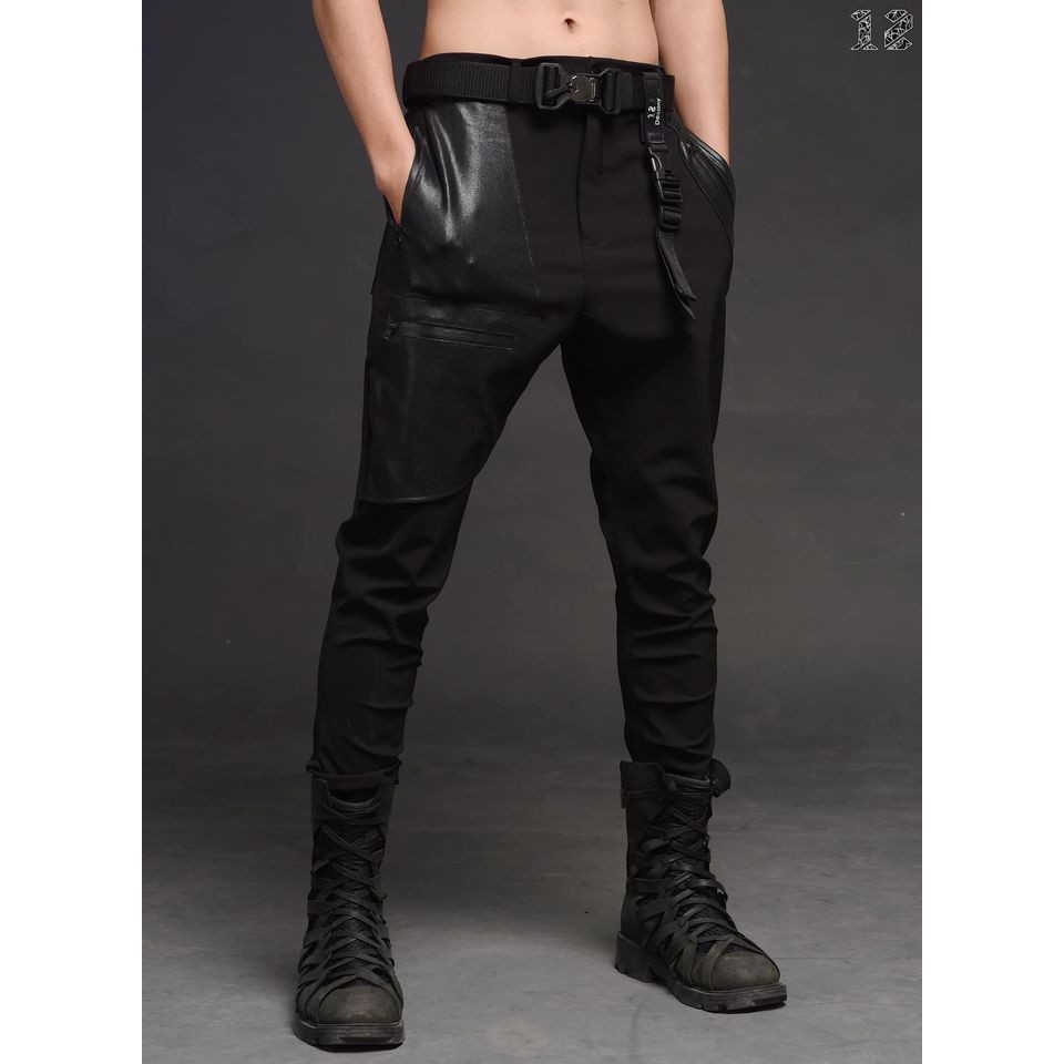 Quần Dài Nam 12.DESTINY Chi Tiết Túi Phối Vải Waxed Phủ Bóng Chất Liệu Kaki Màu Đen (THIẾT KẾ ĐỘC QUYỀN)