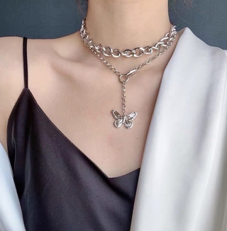 Dây chuyền kim loại hai lớp mặt hình bướm thời trang phóng khoáng phong cách punk Hàn Quốc