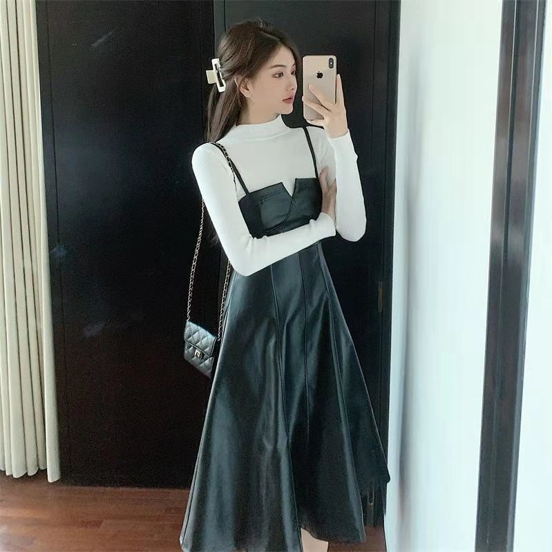 Váy đầm da dáng xòe hai dây retro trẻ trung sành điệu