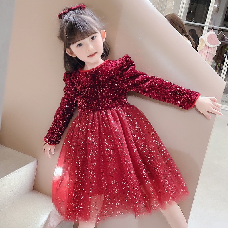 Đầm Công Chúa Tay Dài Màu Đỏ Bóng Đính Kim Sa Lấp Lánh Thời Trang Năm Mới Cho Bé Gái