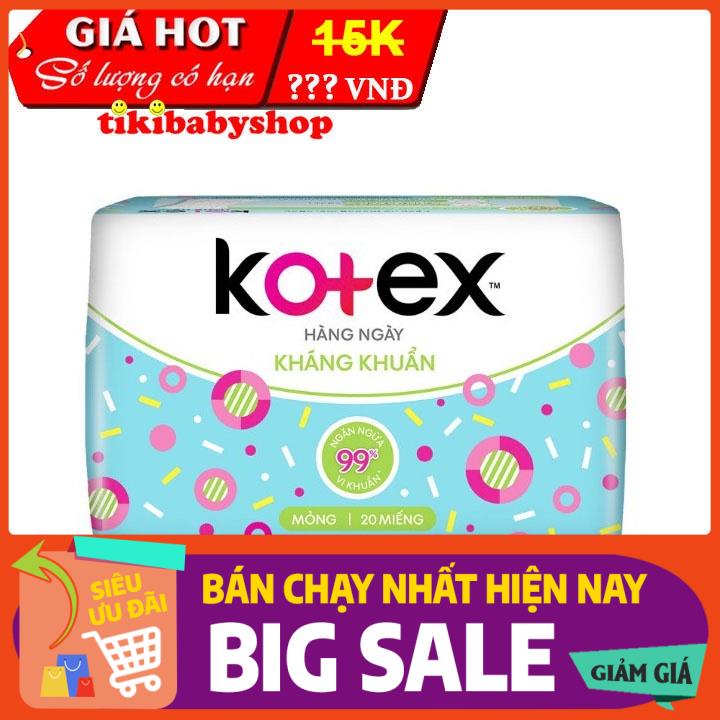 [ICLN8741 giảm 20K]  Băng vệ sinh Kotex Hằng ngày Kháng khuẩn Không Cánh - Gói 20 miếng Tặng 4 miếng Hàng Chính Hãng