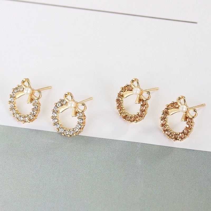 Đôi bông tai hình nơ đính đá và ngọc trai nhân tạo phong cách Hàn Quốc thời trang 210807