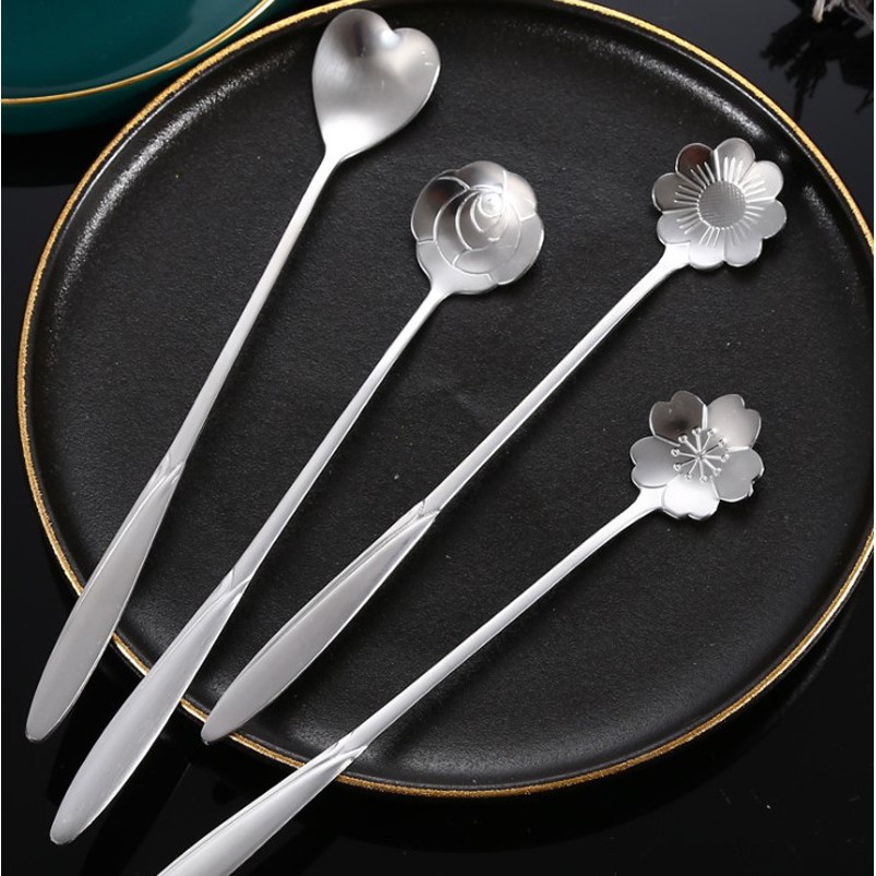Thìa cà phê Inox cán dài 18cm hình bông hoa phong cách Nhật Bản