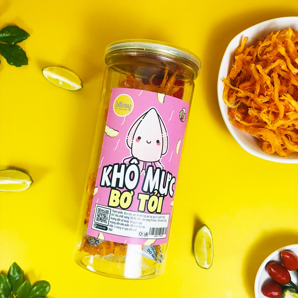 Mực sợi sốt bơ tỏi, khô mực bơ tỏi hũ 250g đồ ăn vặt Hà My