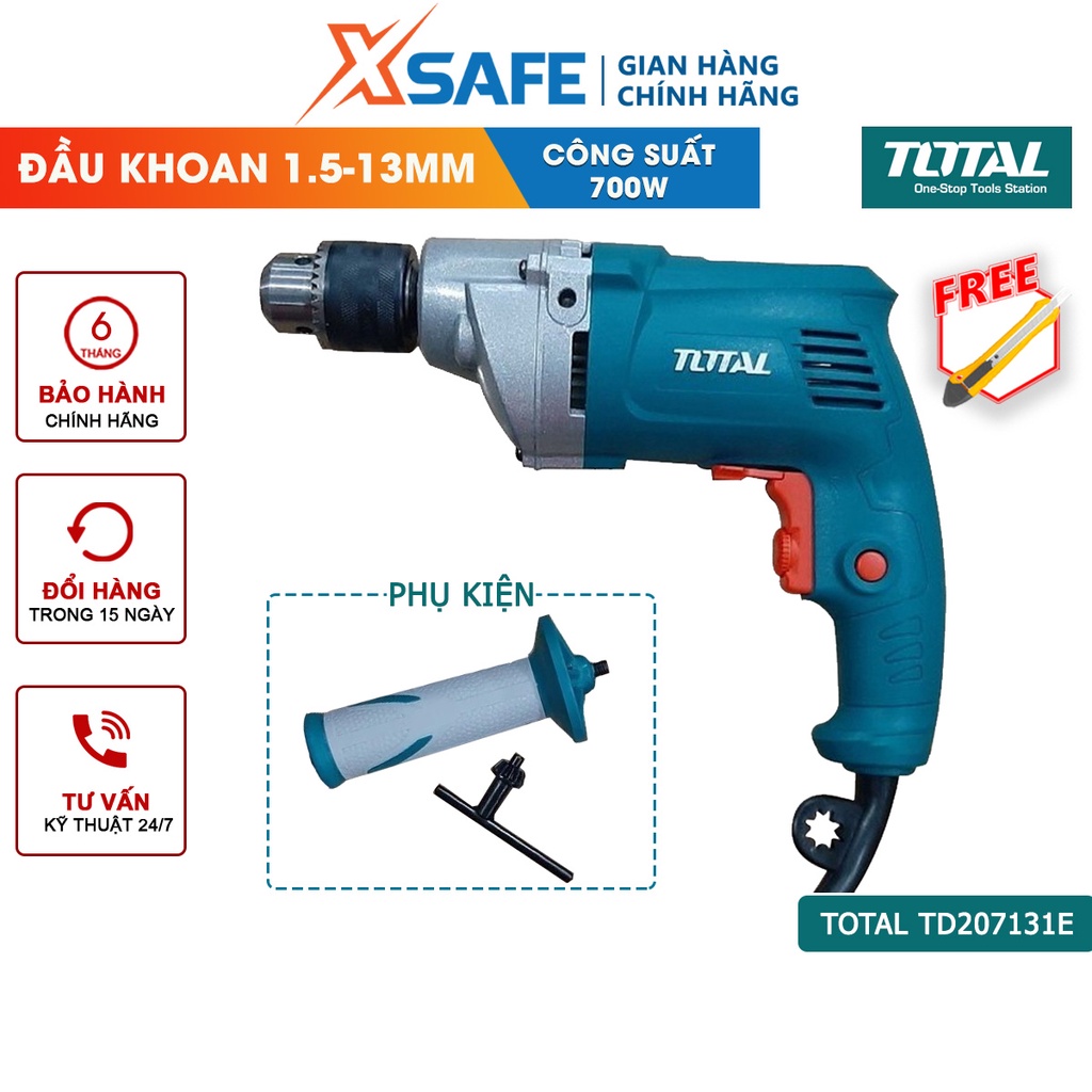 Máy khoan cầm tay TOTAL TD207131E công suất 700w, tốc độ 1200rpm, đầu khoan 1.5-13mm, khả năng khoan sắt 13mm, gỗ 25mm