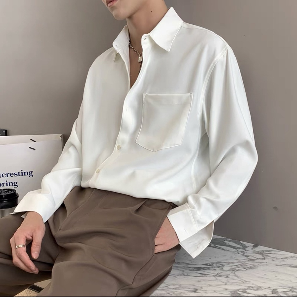 Sơ mi trắng dài tay cổ bẻ  chất liệu lụa tapta hàn,fom ôm dáng slim body thiết kế trẻ trung