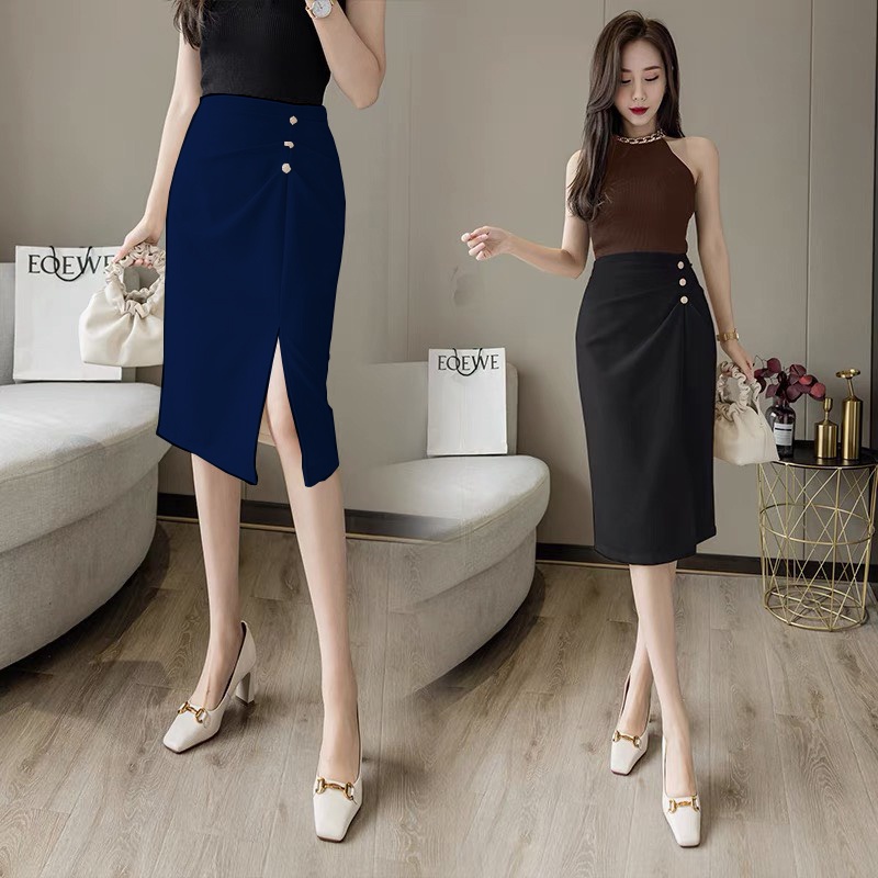 Chân Váy Công Sở Xẻ Tà Chân Váy Dài Che Gối Phối Cúc Trẻ Trung,Bút chì xẻ trước xếp li 3 cúc dài 68cm