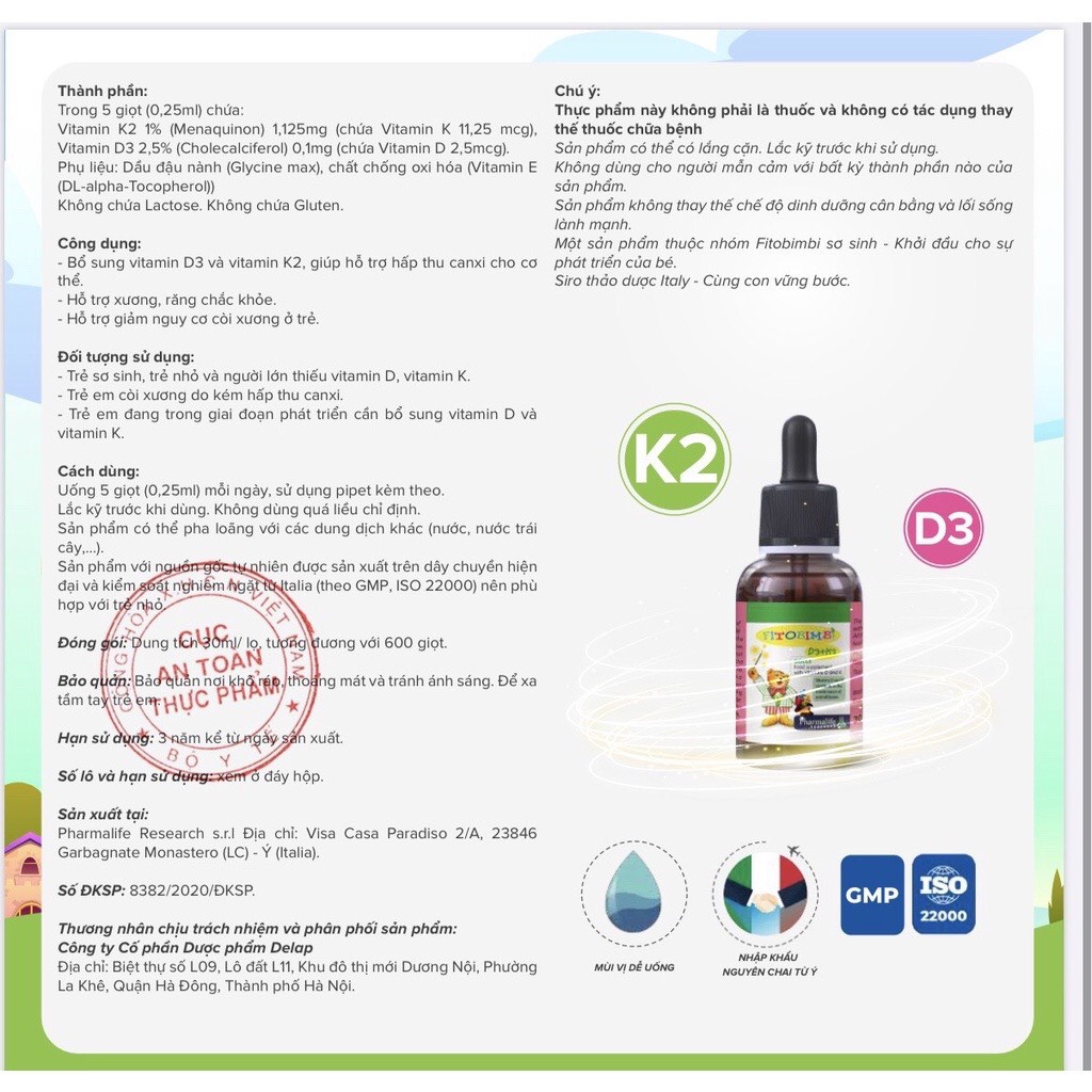 (QUÀ TẶNG) Fitobimbi D3 K2 Bổ Sung Vitamin D3 K2 Cho Bé, Hấp Thu Canxi Tối Đa, Giúp Xương, Răng Chắc Khỏe -  30ml