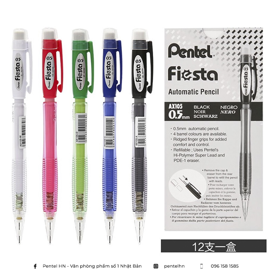 Bút Chì Kim Pentel Fiesta AX105 Ngòi 0.5mm | Thiết Kế Thân Trong Đẹp Mắt | Trang Bị Đầu tẩy | 4 Màu Vỏ