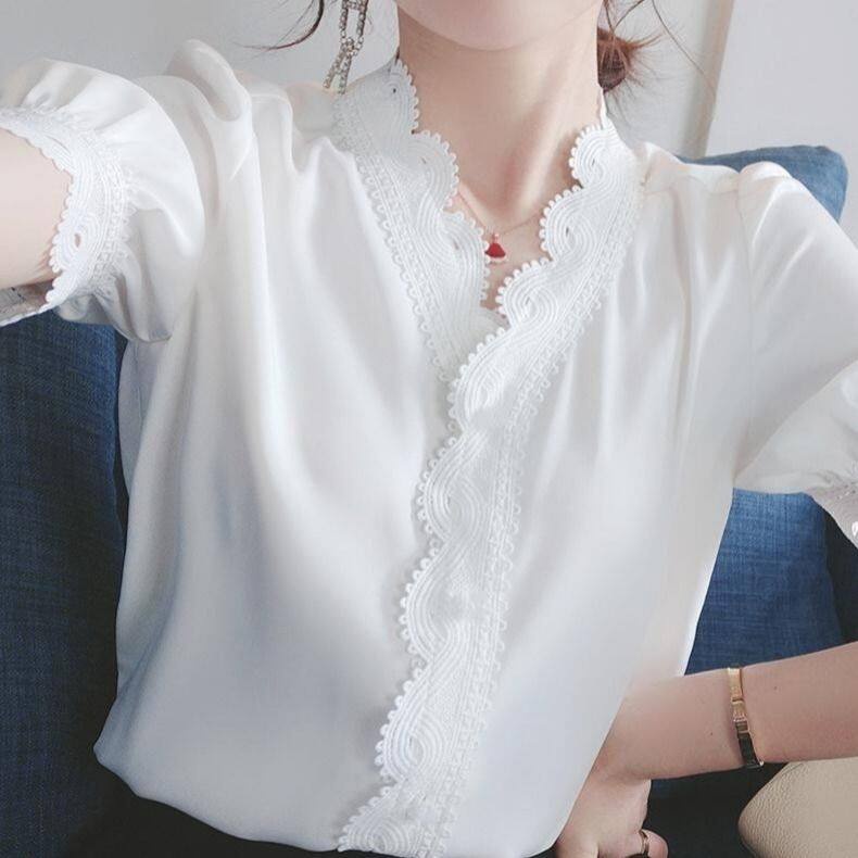 Áo Sơ Mi Trắng Tay Ngắn Cổ Chữ V Thời Trang Mùa Hè Dành Cho Nữ