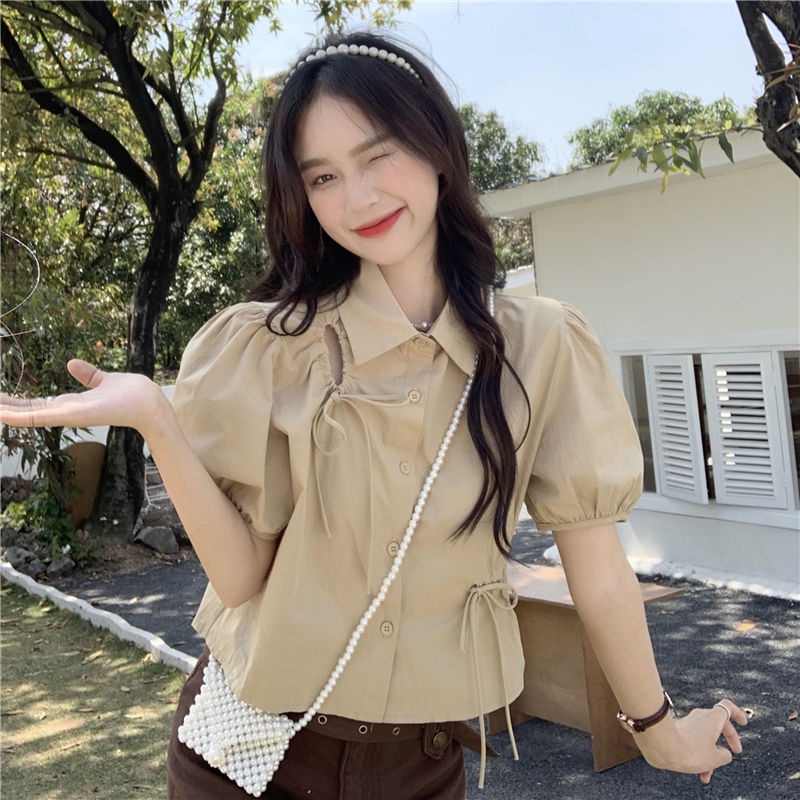 Áo Kiểu Tay Phồng Ngắn Phối Dây Rút Thời Trang Mùa Hè Hàn Quốc Mới Cho Nữ