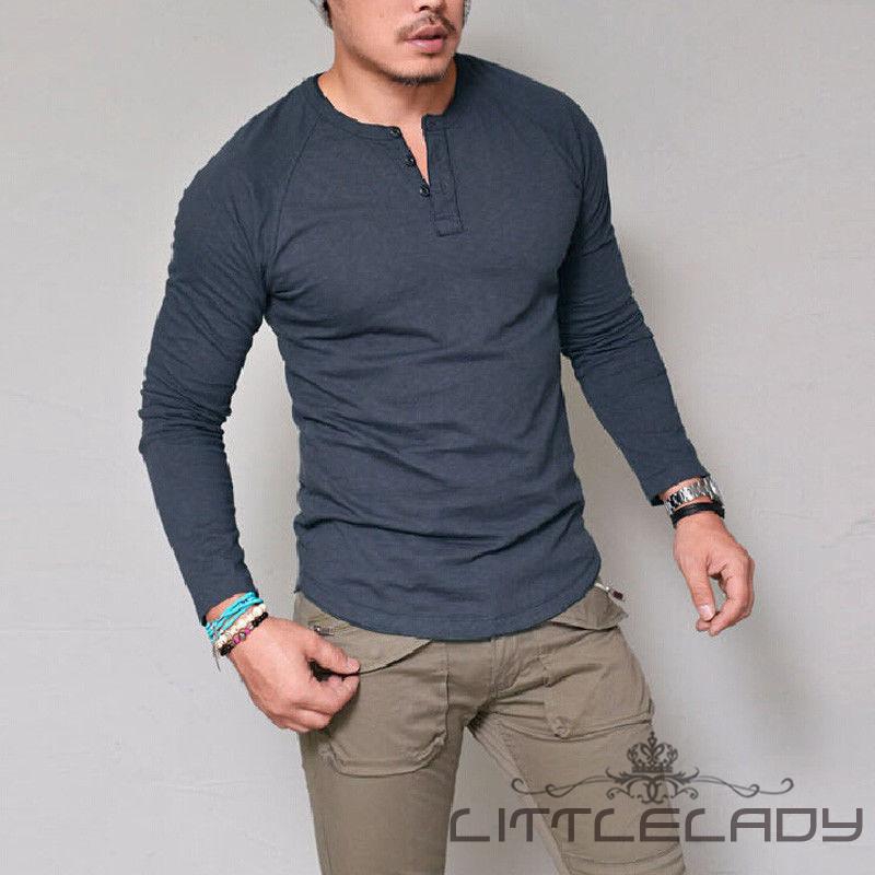 ☛☏❤Fashion Men&#39;s Slim Fit V Neck Long Sleeve Muscle Tee T-shirt Casual Tops Blouse