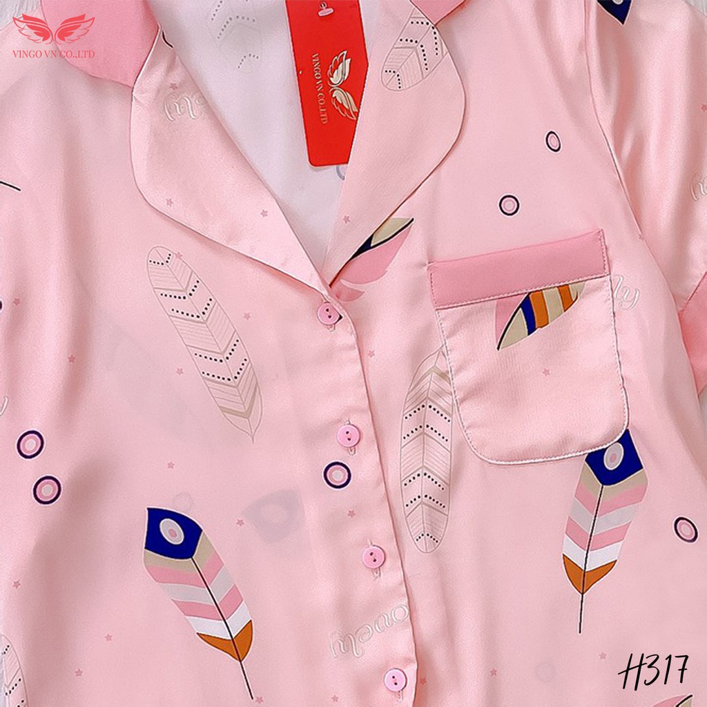 VINGO Bộ Pyjama Mặc Nhà Nữ Mùa Hè Lụa Pháp Cao Cấp Tay Cộc Quần Cộc Họa Tiết Lông Vũ Tinh Tế Trẻ Trung H317 VNGO