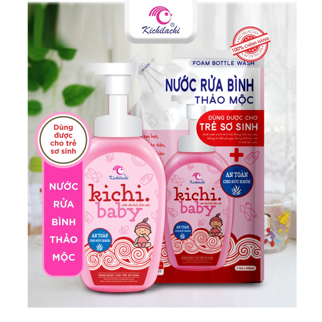 Nước rửa bình thảo mộc KICHILACHI, rửa bình và dụng cụ ăn dặm cho bé an toàn, không độc hại, hàng chuẩn công ty