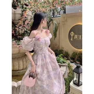 Đầm công chúa cổ tích trễ vai in hoa hồng xẻ đùi cao cấp đi biển du lịch/Váy nàng thơ retro chụp ảnh sống ảo