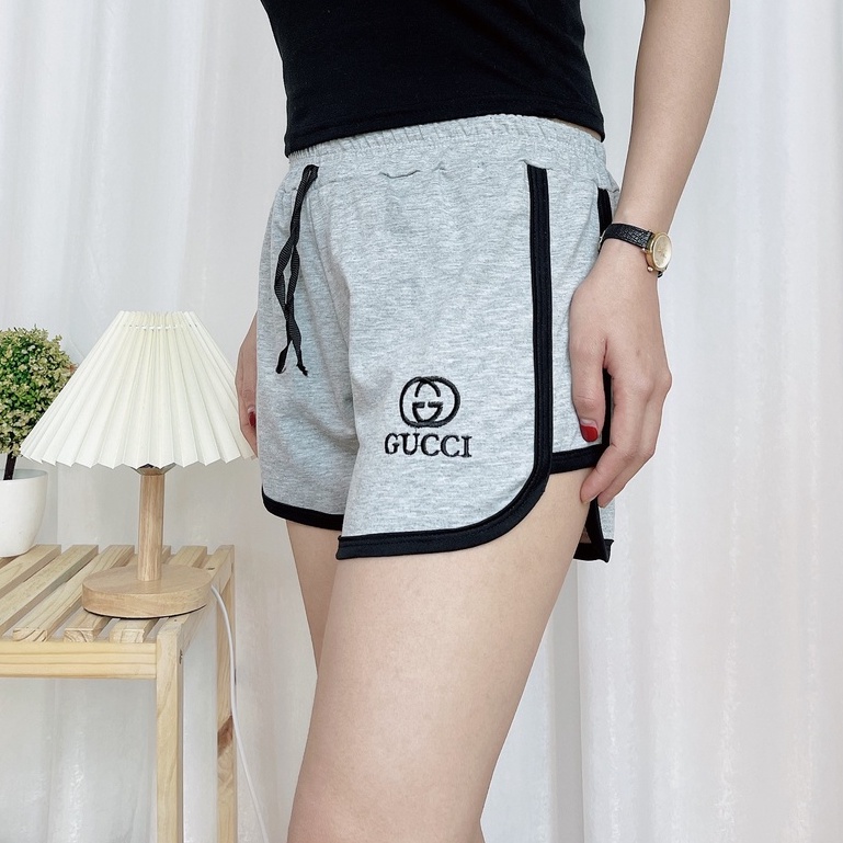 Quần đùi nữ MIA 1992 cao cấp - Quần đùi nữ vải cotton cạp chun chữ Gucci viền kẻ thể thao năng động