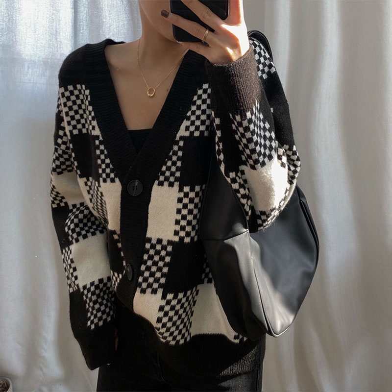 Áo khoác cardigan YEYA dệt kim dáng rộng sọc ca rô đen trắng thời trang trẻ trung cho nữ