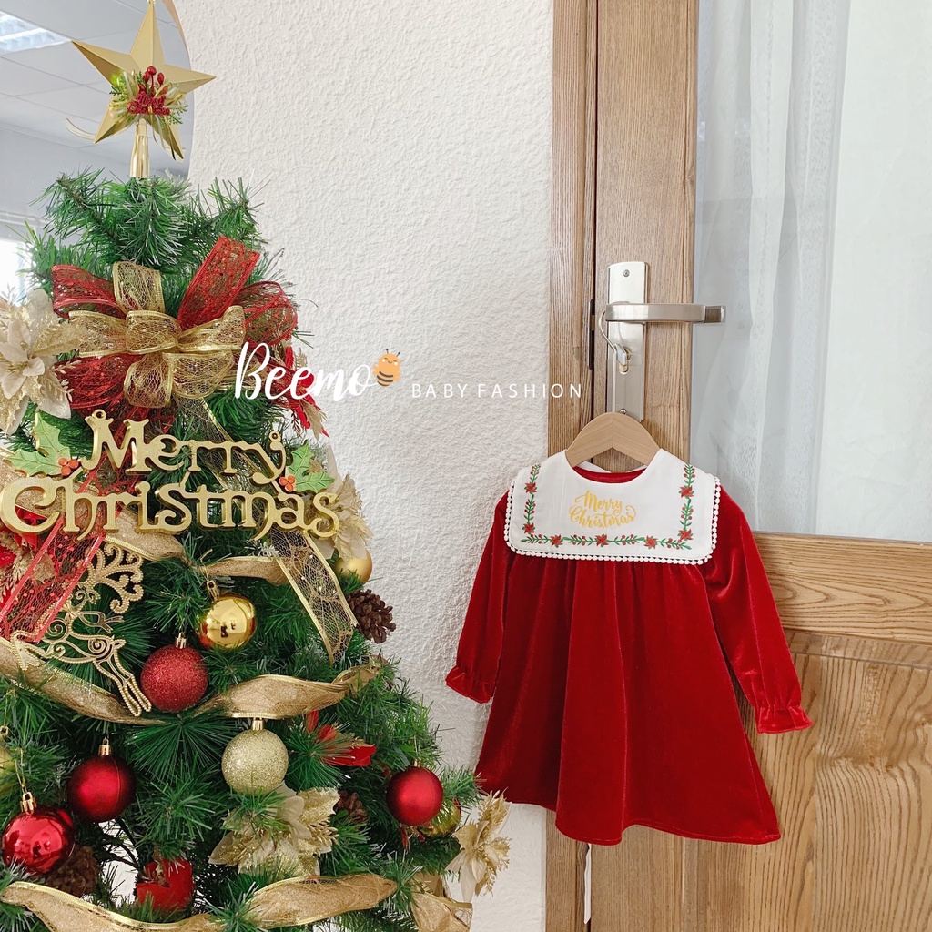 Váy nhung noel Beemo cho bé gái, đầm bé gái chất liệu váy babydoll nhung mềm hoạ tiết Noel hoa nhún bèo