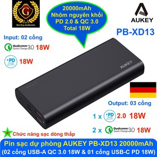  Pin sạc dự phòng Nhôm Nguyên Khối AUKEY PB-XD13 20000mAh PD 2.0 18W & 2 USB-A QC 3.0 18W
