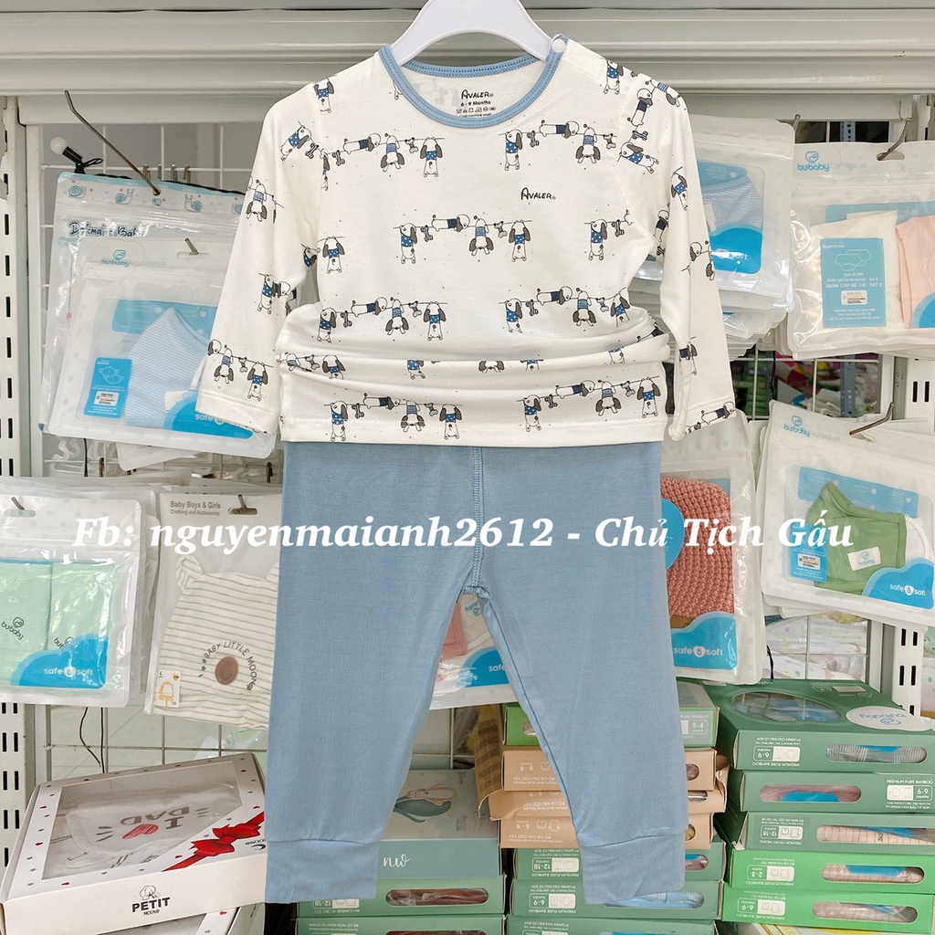 Bộ cài vai dài tay sợi tre hoạ tiết cho bé trai/bé gái Avaler