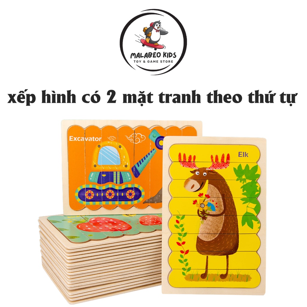 Tranh ghép gỗ nối 8 thanh gỗ 2 mặt chủ đề động vật, đồ chơi xếp hình kích thích khả năng ghi nhớ MALABEO KIDS