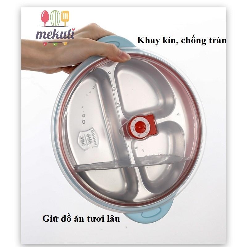 Khay ăn dặm cho bé inox 304 có nắp pp chống tràn tay cầm nhựa chống nóng, khay cơm trẻ em chia ngăn