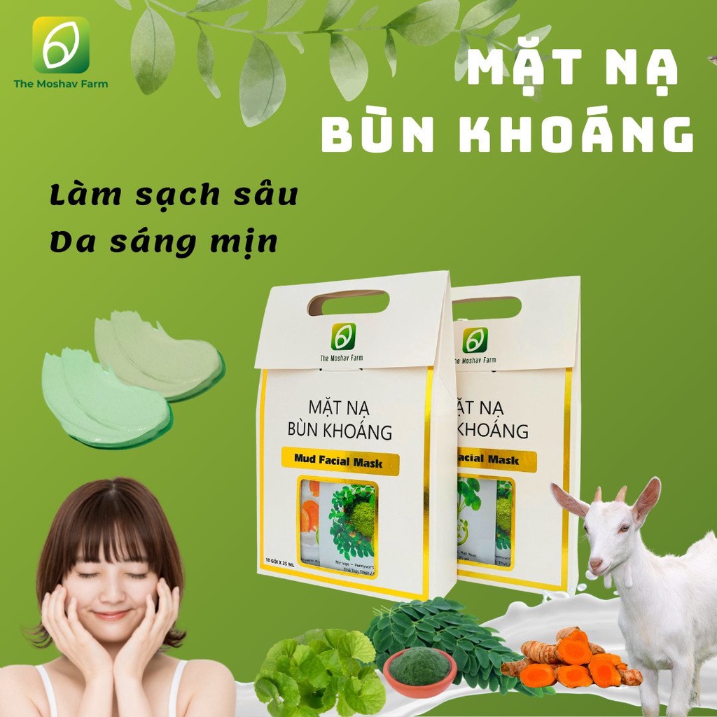 Hộp 10 Mặt Nạ Bùn Khoáng Bột Chùm Ngây - Rau Má (Moringa - Pennywort Mineral Mud Mask) The Moshav Farm