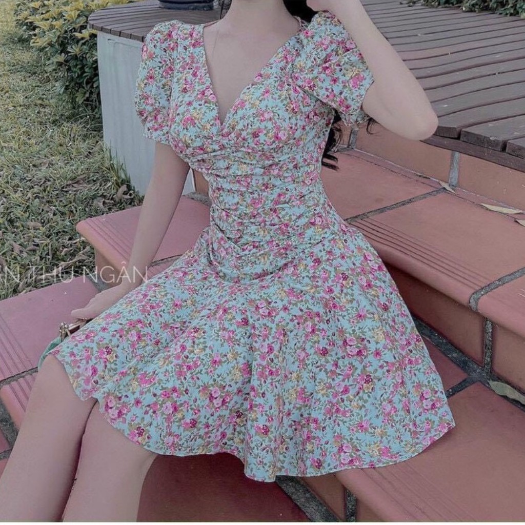 Váy Thiết kế Hoa Nhí, Váy họa tiết hoa nhỏ, dúm bụng cổ V phong cách trẻ trung thanh lịch - Puza | BigBuy360 - bigbuy360.vn