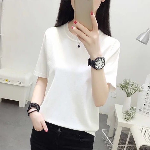 Women's loose bright silk T-shirt base shirt 2021 summer new Korean style ice silk knitted short-sleeved round neck top ins