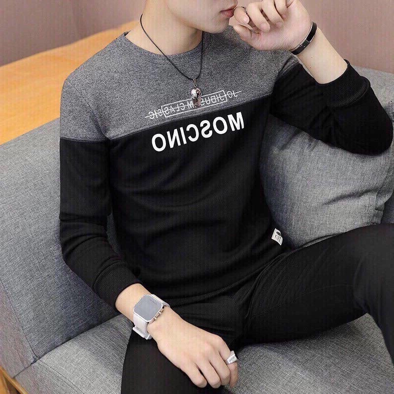 ÁOThun Nam dài tay Mosi .Áo Thun Nam Không Cổ Thun Cotton Cao Cấp Xám Đen shop Two MS 15