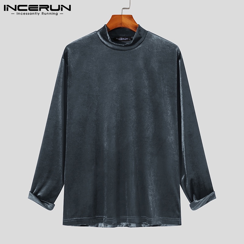 Áo thun INCERUN tay dài cổ cao chất liệu vải nhung kiểu dáng đơn giản thời trang cho nam