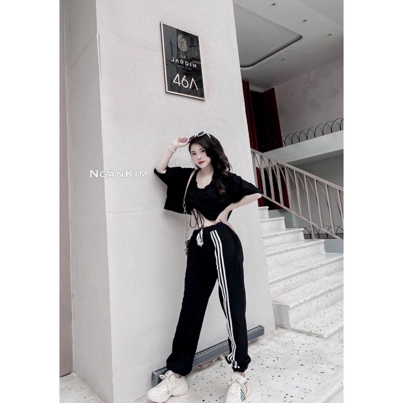 Set Áo Croptop Rút Dây + Quần Thể Thao Sọc