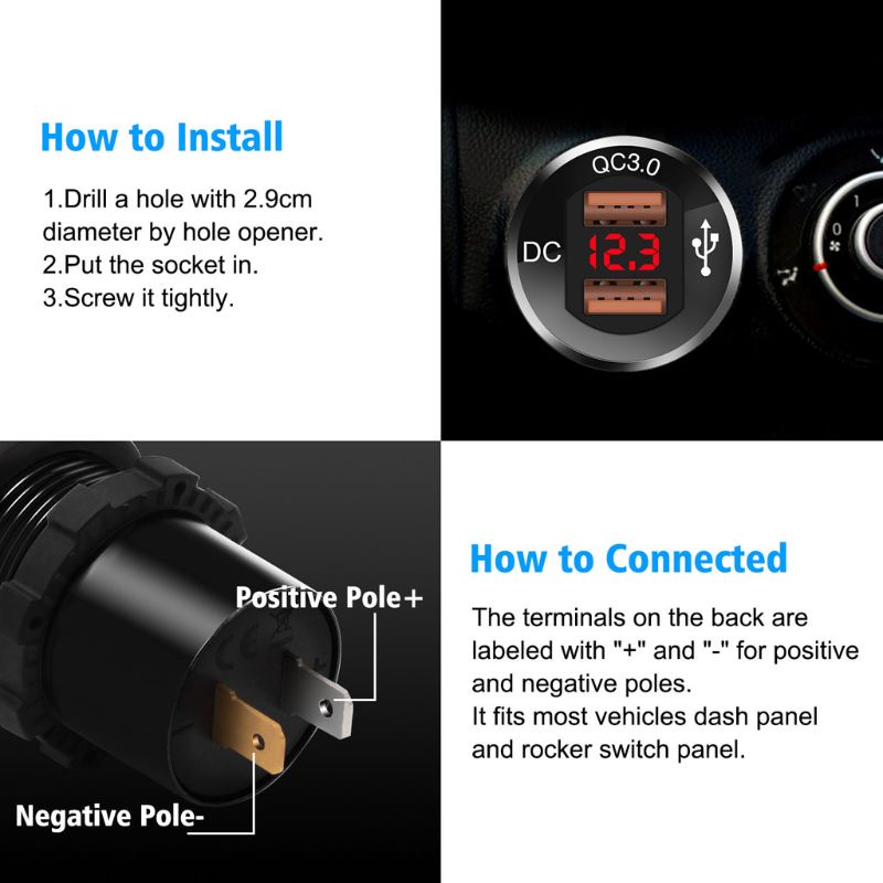Củ sạc nhanh QC3.0 USB 12V/24V tích hợp đèn led chống thấm nước cho ô tô/xe tải/thuyền/xe máy