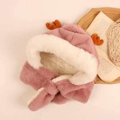 Mũ trẻ em mùa đông lót lông sừng hươu cute nón kèm khăn siêu ấm tai gấu thỏ cho bé