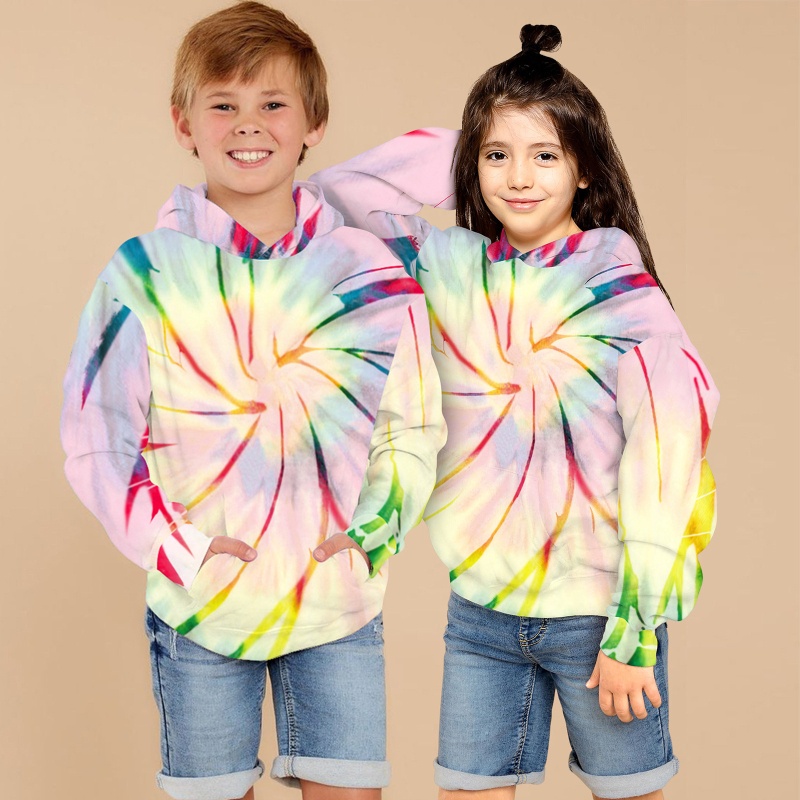 Áo Hoodie Sweatshirt Chui Đầu Dáng Rộng Tay Dài In Màu Nhuộm Xoắn Ốc Nhiều Màu Sắc Có Túi In Họa Tiết Cho Bé Trai