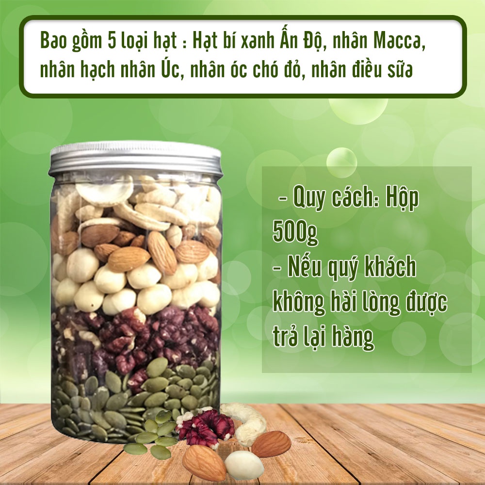 Hạt dinh dưỡng mix 5 vị hạt UQ17 hộp 500g gồm macca, hạnh nhân, óc chó, hạt điều, bí xanh đảm bảo chất lượng - U QUEEN