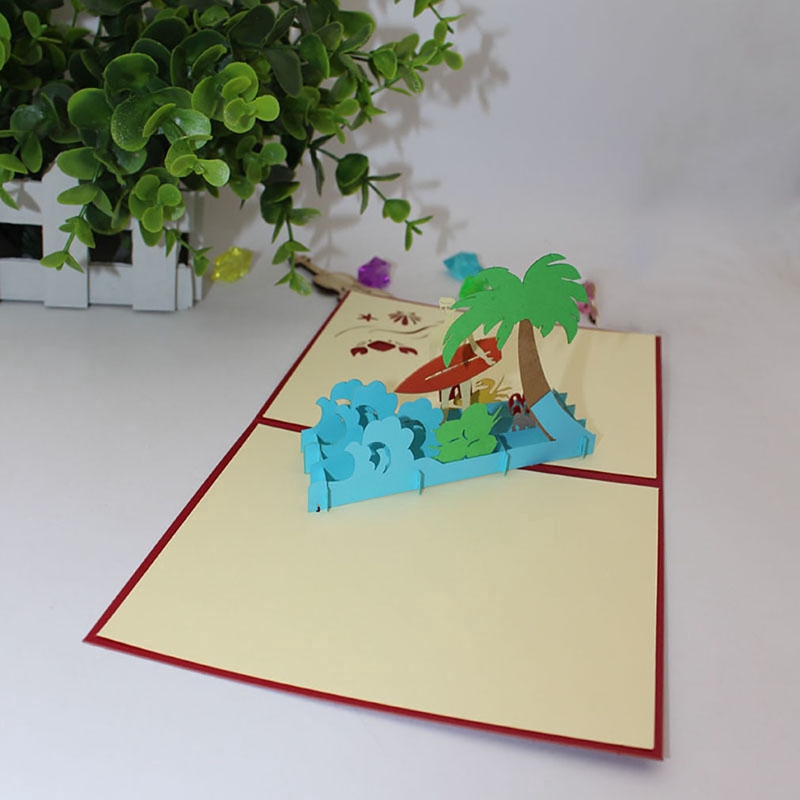 Cut Origami Coconut Tree &amp; Beach Greeting Card Creative 3D Surfing Gift Card