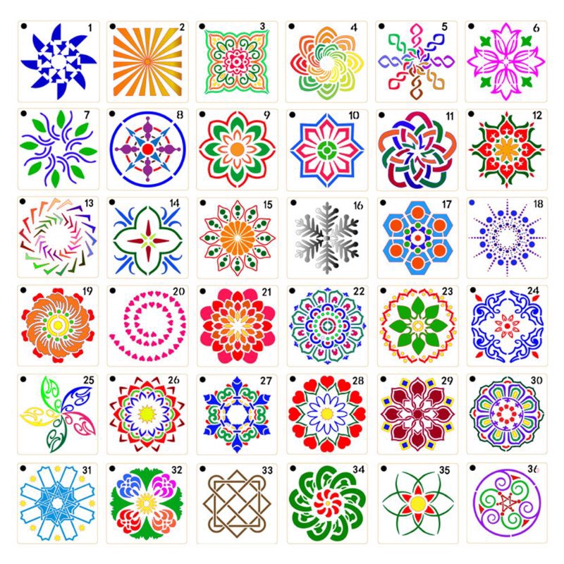 Bộ 36/56 khuôn họa tiết hoa mandala chuyên dụng cho vẽ tranh