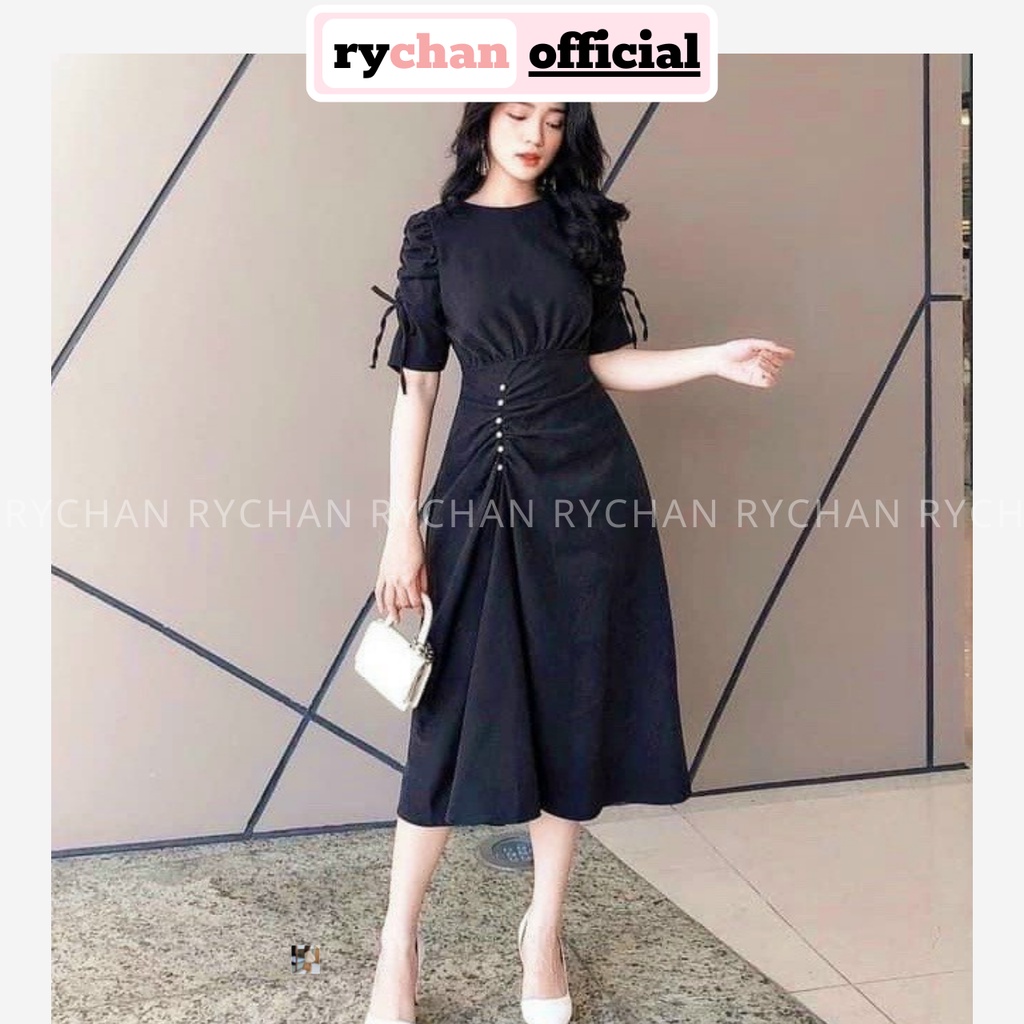 Đầm Xòe Midi Tay Phồng Rút Sườn Đính Ngọc 3 Màu Sang Trọng - DX9990