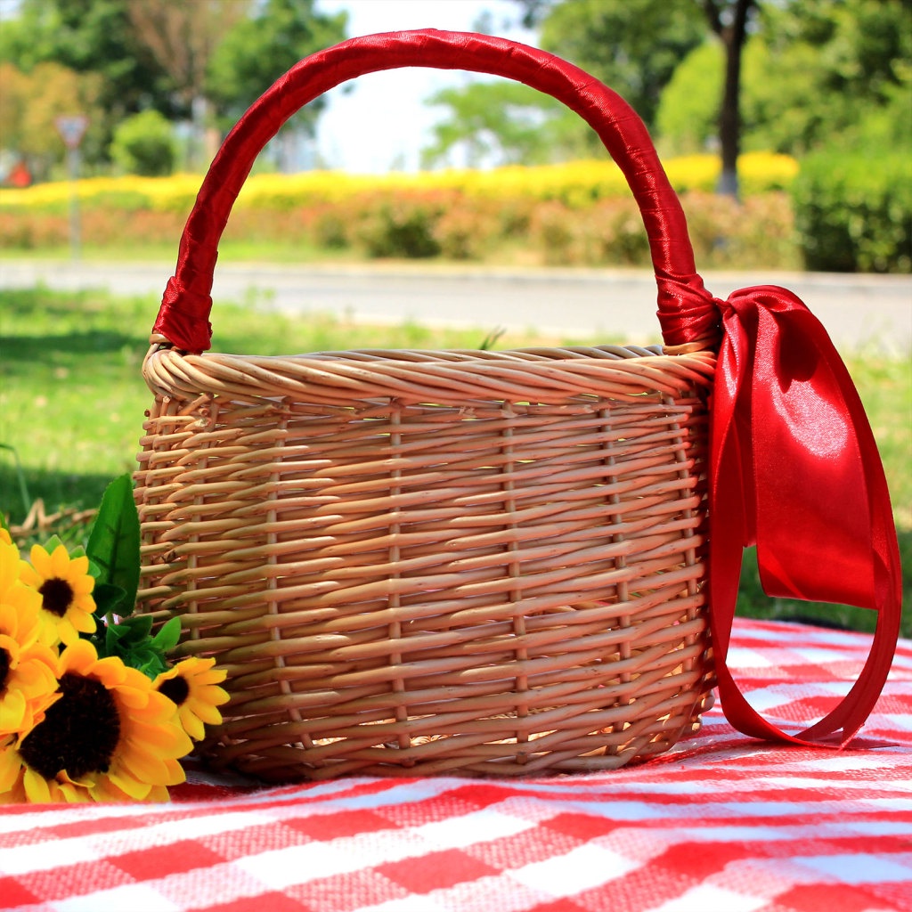 Lều Cắm Trại / Dã Ngoại Chất Lượng Cao Giỏ Mua Sắm Bằng Rơm Tổ Chức Thực Phẩm Màu Đỏ Rượu Sâm Panh Phong Cách Mới