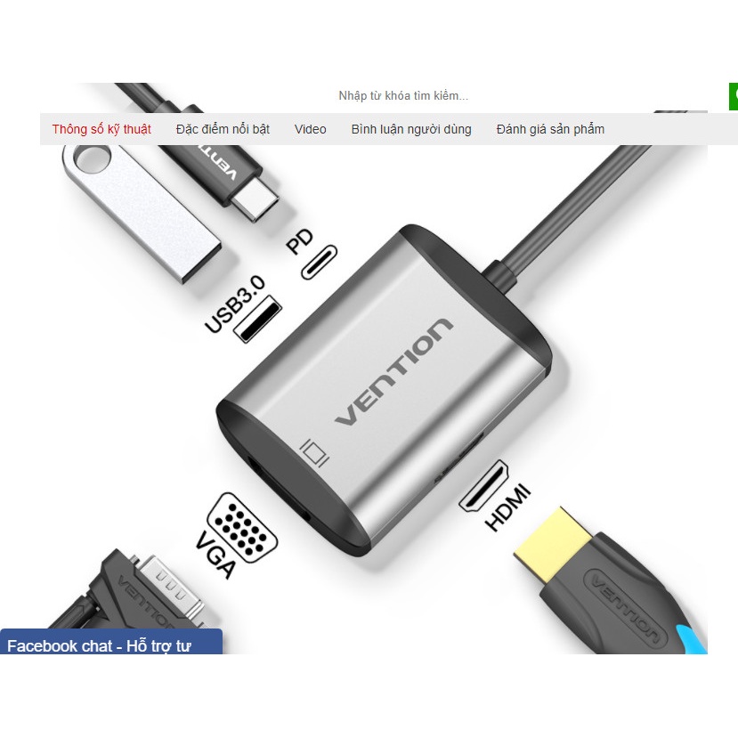 Bộ chuyển đổi USB-C sang HDMI/VGA/USB/PD Vention chính hãng